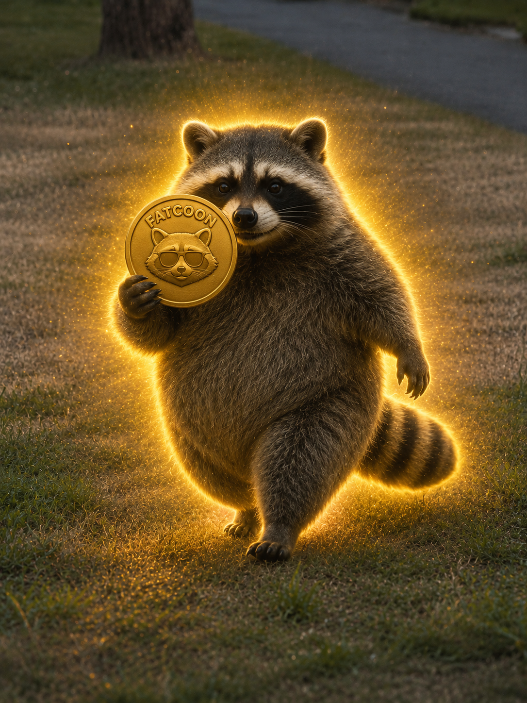 FATCOON, a chunky raccoon holding a glowing gold FATCOON coin